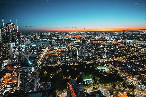 Aerial View of Melbourne CBD and Yarra River at dusk