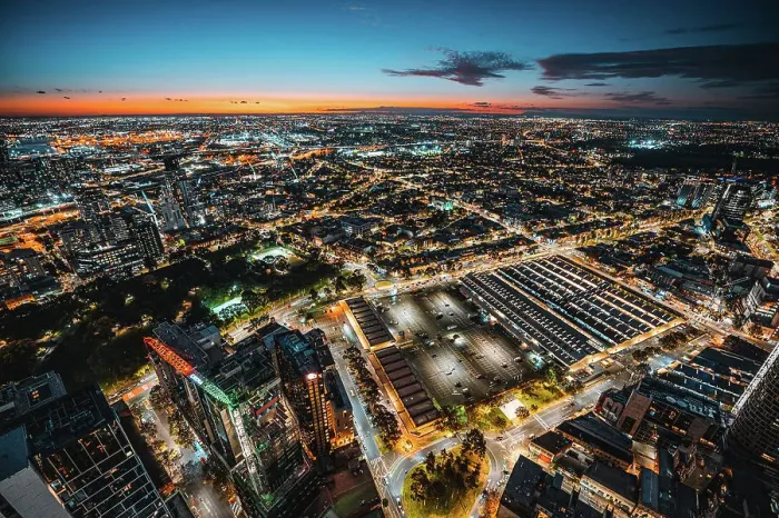 Framed Print : Aerial view of Melbourne city at dusk