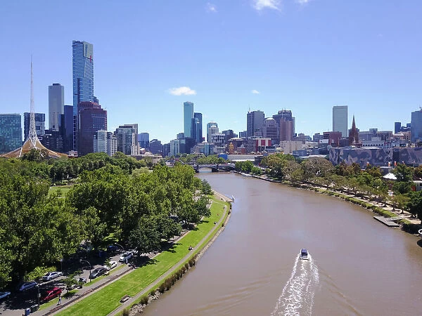 Aerial view of the Melbourne skyline and Yarra River, in a blue day, Victoria