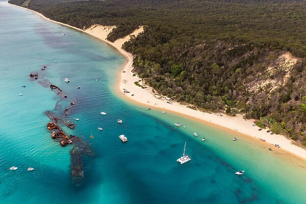 Aerial view of Moreton Island where sea meets forest