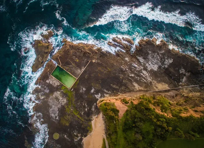 Framed Print : Aerial view of ocean pool at sunrise