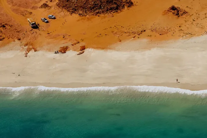 Framed Print : Aerial view of offroad vehicles at the stunning Cape Leveque in North Western Australia