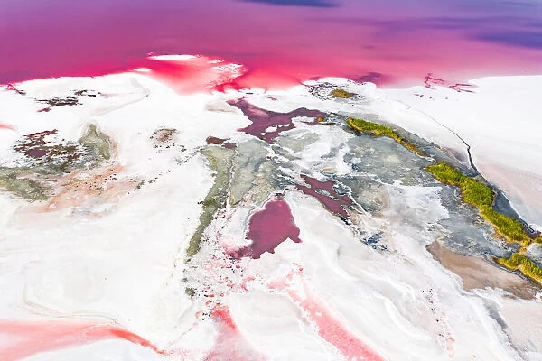 Aerial view of patterns of salty pink lake. Pink Salt Lake Hutt Lagoon