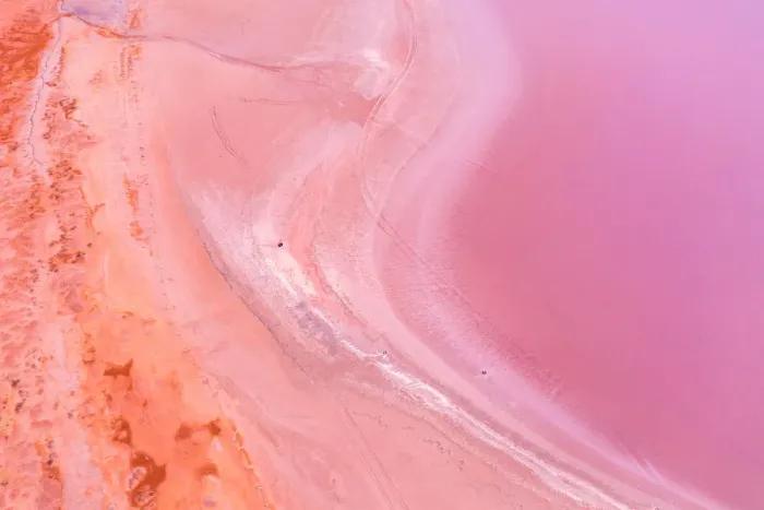 Framed Print : Aerial view of patterns, textures and colors, pink, purple and orange over a Pink Lake