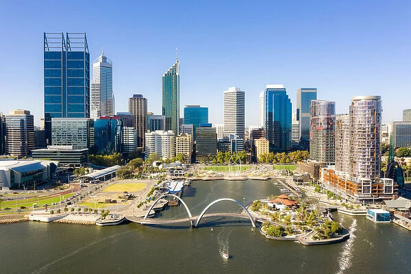 Aerial view of Perth city waterfront during sunset in Perth, Western Australia, Australia