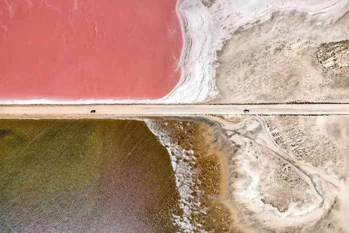 Framed Print : Aerial view over a pink salt lake in South Australia