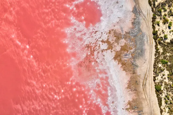 Framed Print : Aerial view over a pink salt lake in South Australia