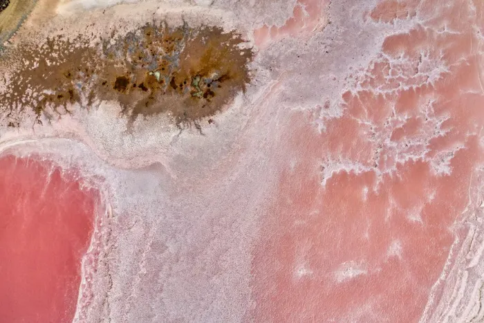 Framed Print : Aerial view over a pink salt lake in South Australia