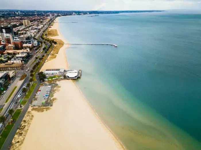 Framed Print : Aerial view of Port Melbourne and st. Kilda with rainbow