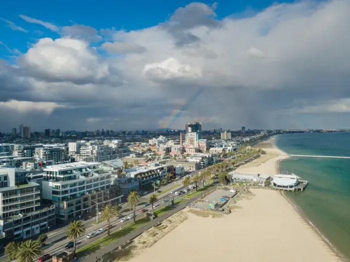 Framed Print : Aerial view of Port Melbourne and st. Kilda with rainbow