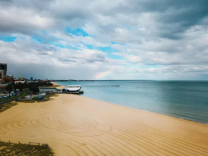 Framed Print : Aerial view of Port Melbourne and st. Kilda with rainbow