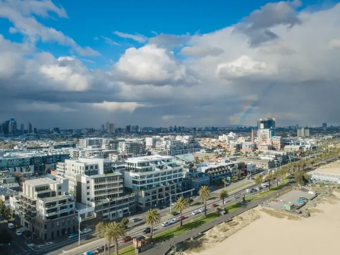 Framed Print : Aerial view of Port Melbourne and st. Kilda with rainbow
