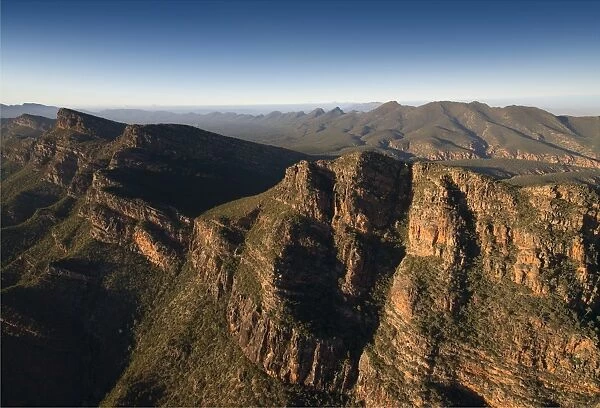 An aerial view of the rugged and scenically beautiful mountain ranges of Wilpena Pound in the southern region of the Flinders Ranges National Park in South Australia
