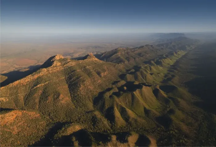 Framed Print : An aerial view of the rugged and scenically beautiful mountain ranges of Wilpena Pound in the southern region of the Flinders Ranges National Park in South Australia