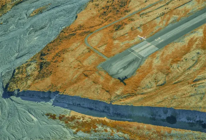 Framed Print : Aerial view of runway in the Mount Cook national park