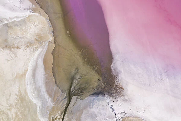 Aerial view of the salty pink lake. Pink Salt Lake Hutt Lagoon