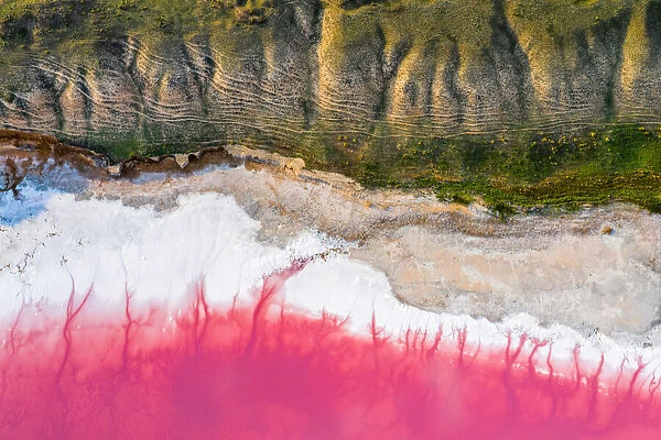 Aerial view of the salty pink lake. Pink Salt Lake Hutt Lagoon