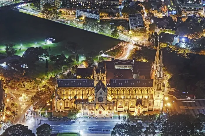 Framed Print : Aerial view of St Marys Cathedral at night