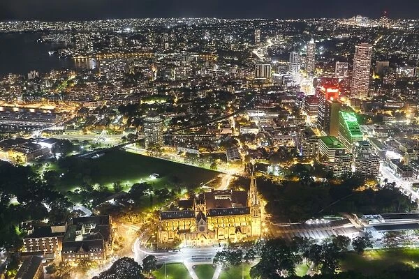 Aerial view of St Marys Cathedral in Sydney at night