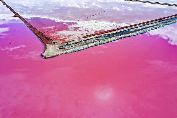Aerial view over the stunning colourful lake at Hutt lagoon. Port Gregory, Western Australia