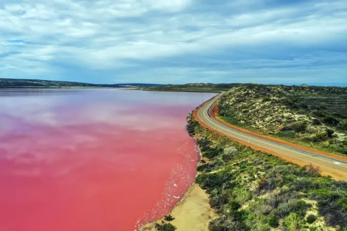 Framed Print : Aerial view over the stunning colourful lake at Hutt lagoon. Port Gregory, Western Australia
