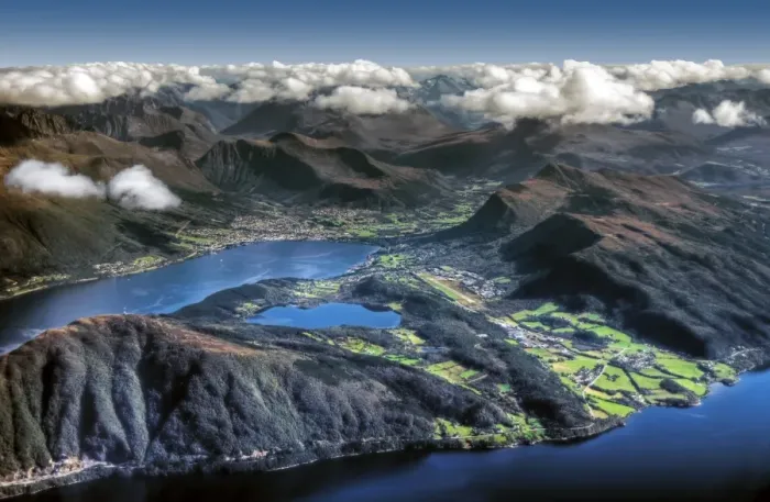 Framed Print : Aerial view of Sunmore coastline with deep fjords