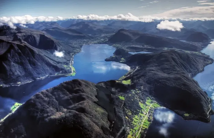 Framed Print : Aerial view of Sunmore deep fjords and mountains