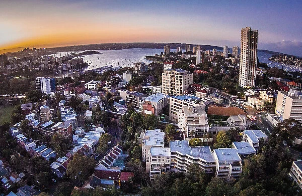 Aerial view of sunset over Sydney Harbour