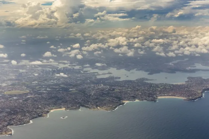 Framed Print : Aerial view, Sydney with the Tasman Sea, Port Jackson, Parramatta River, Sydney, New South Wales, Australia