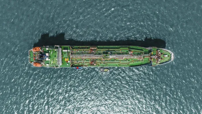 Framed Print : Aerial view tanker ship anchor parking in sea, Crude oil tanker ship and LPG tanker ship loading in bay at sunset, Bulk boat anchor