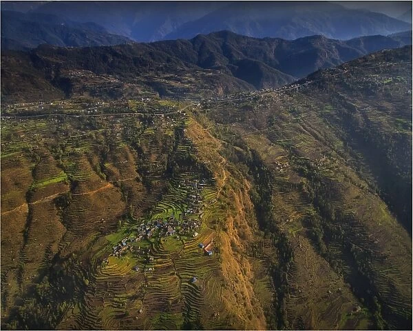 Aerial view of the terraced farmland near Pokhara, Nepal