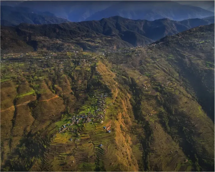 Framed Print : Aerial view of the terraced farmland near Pokhara, Nepal