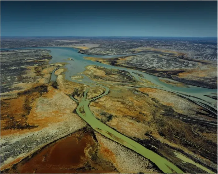 Framed Print : Aerial view of the Warbuton River in flood, outback South Australia Framed Print : Aerial view of the Warbuton River in flood, outback South Australia