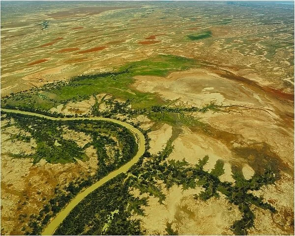 Aerial view of the Warbuton River in flood, outback South Australia