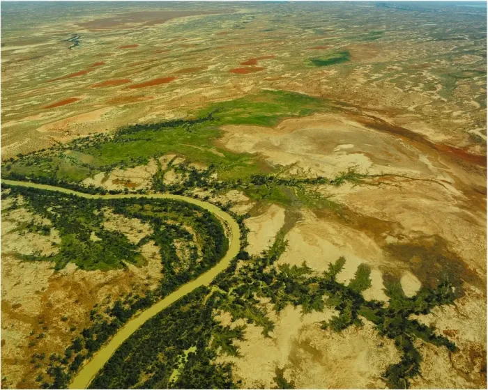 Framed Print : Aerial view of the Warbuton River in flood, outback South Australia