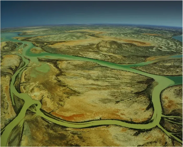 Framed Print : Aerial view of the Warbuton River in flood, outback South Australia