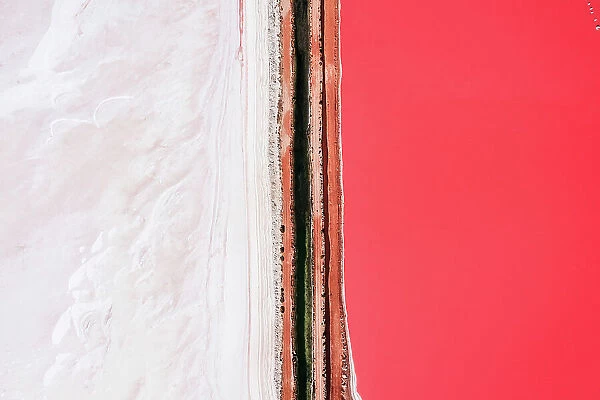 Aerial view of white and pink salt lake, Western Australia