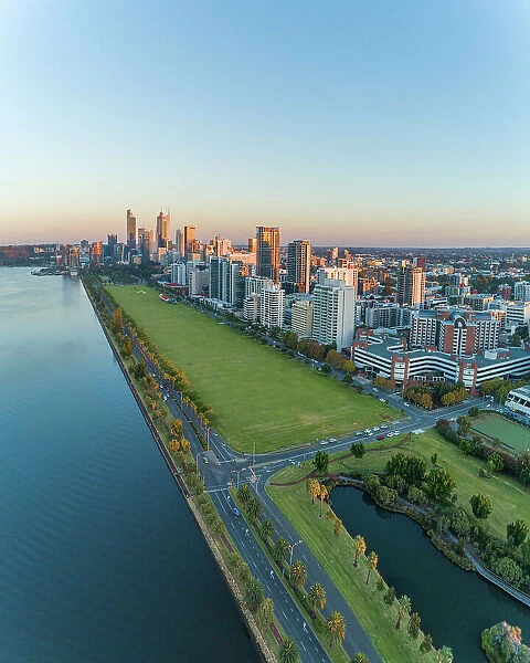 Aerial views over Perth Cityscape And The Swan River