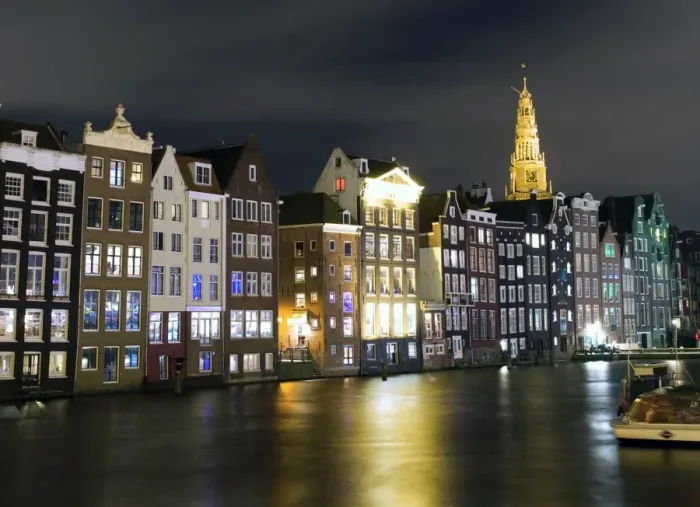 Framed Print : Amsterdam canal facing houses and Old church spire Framed Print : Amsterdam canal facing houses and Old church spire