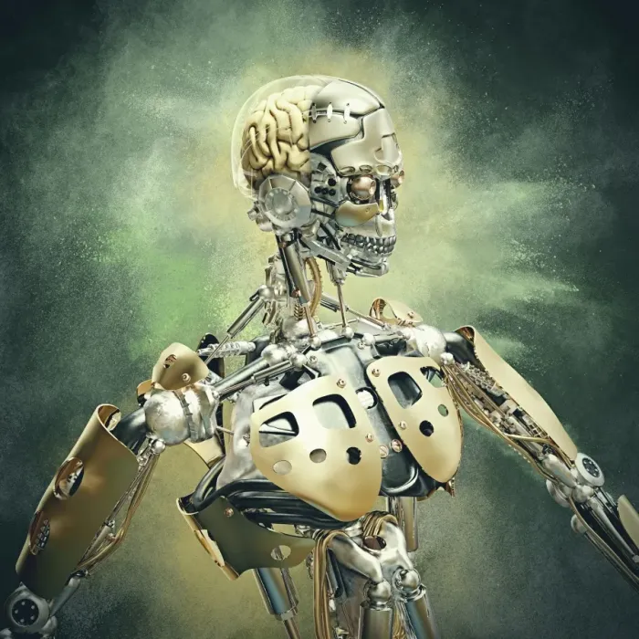 Framed Print : android, brain, close up, color image, concept, copy space, cyborg, digital composite