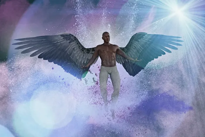 Framed Print : angel, angelic, ar, augmented reality, bare chest, beaming, cloud, color image, computer graphic