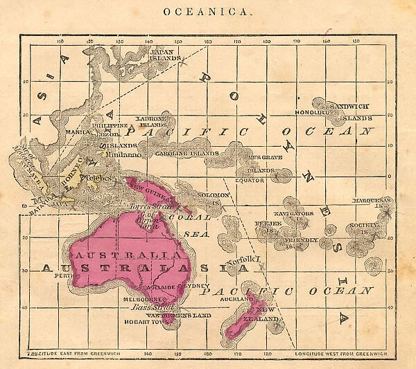 Antique 1867 Oceania Australia Australasia Map, Geography, History, Cartography