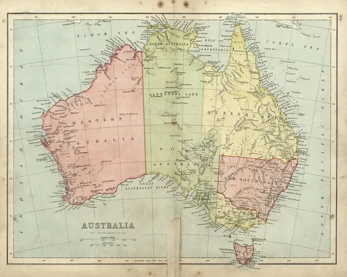 Framed Print : Antique damaged map of Australia in the 19th Century, 1873