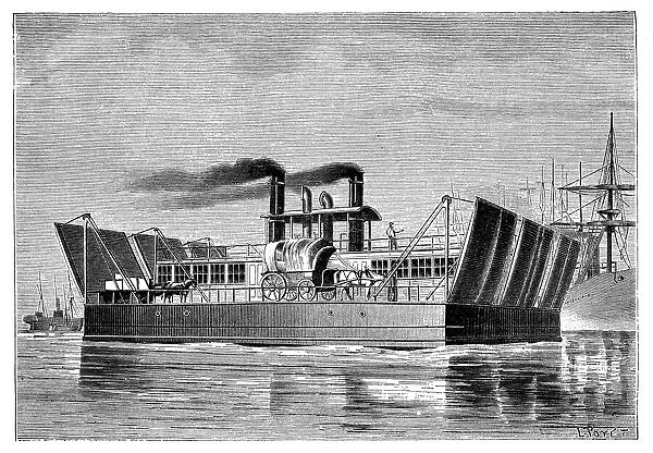 Antique illustration of ferry boat in Melbourne