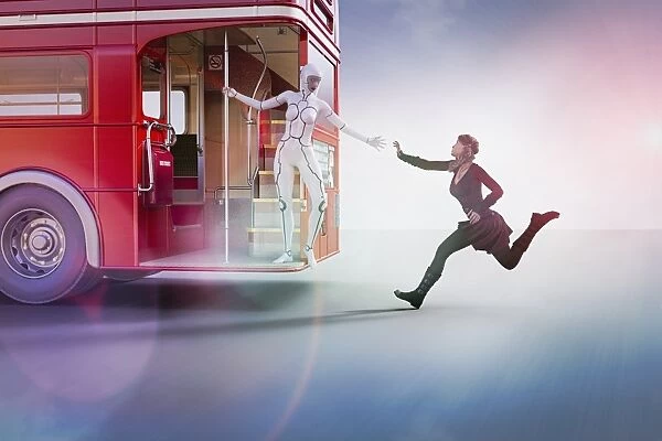 ar, arms outstretched, assisting, augmented reality, british double decker bus, bus