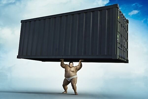 ar, arms raised, augmented reality, balance, black hair, cargo, cargo container, cloud