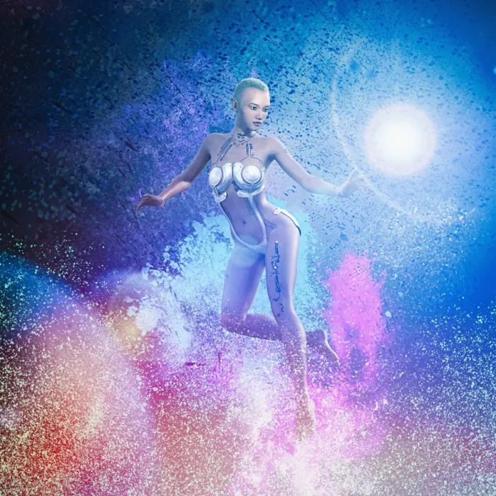 Framed Print : ar, augmented reality, augmented tattoo, beauty, blonde hair, blue, bright light