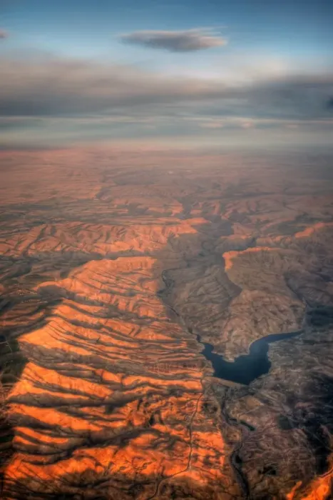 Framed Print : Arabian mountains and sands aerial sunset view