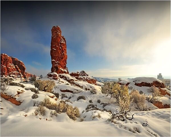 Arches National Park in Utah, South-western United States, with a mantle of rare winter snow