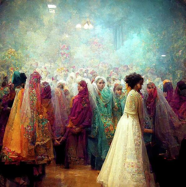 Artwork depicting Pakistani wedding celebration with crowds and beautiful dresses, fashion and colours
